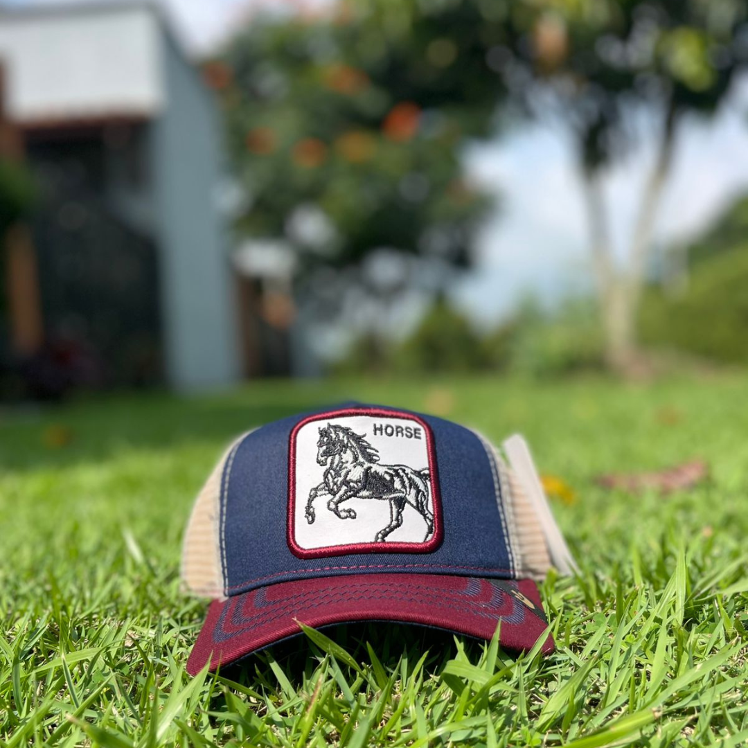 Gorras Trucker Horse en Azul con Vinotinto & Blanca estilo Peluche